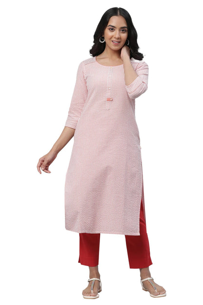 Aurelia WomenS Striped Straight Long Peach Cotton Kurta