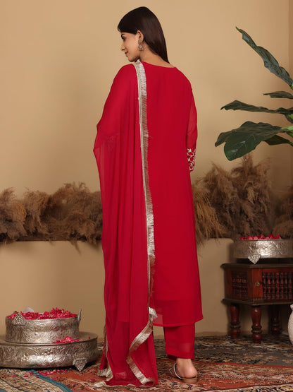 Varanga Women Magenta Embroidered Aline Kurta Paired With Tonal Bottom And Dupatta