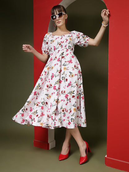 Oomph! Flared Dress For Women Stylish | Long One Piece For Women | Puff Sleeve Long Dress | Floral Print Maxi One Piece | Wester