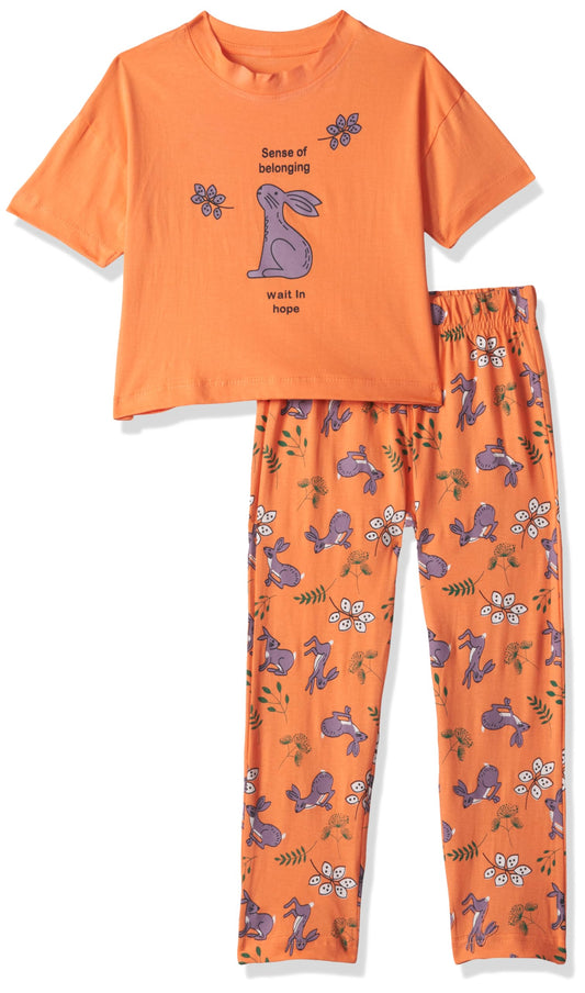 T2F Girls Cotton Printed Oversized Fit Crop Top and Pant Pajama Set