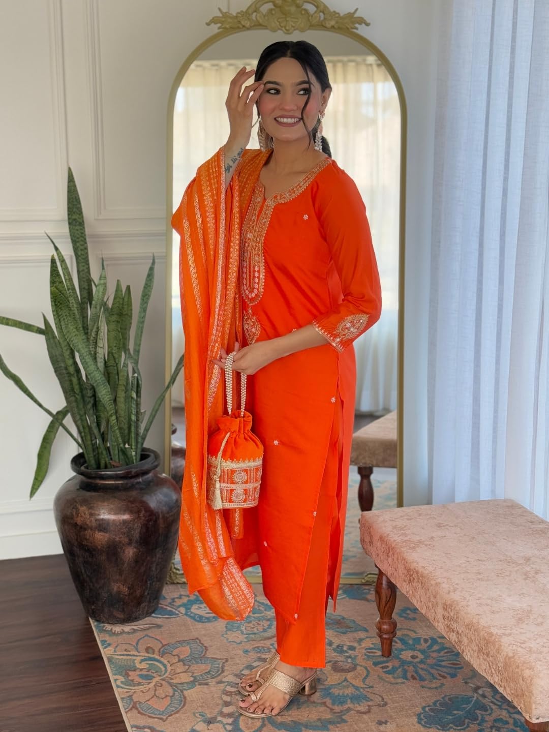Naixa WomenS Orange Embroidered Straight Kurta With Chanderi Viscose Pant And Viscose Jacquard Dyed Dupatta Sets (Nx-Mv-610-Ora