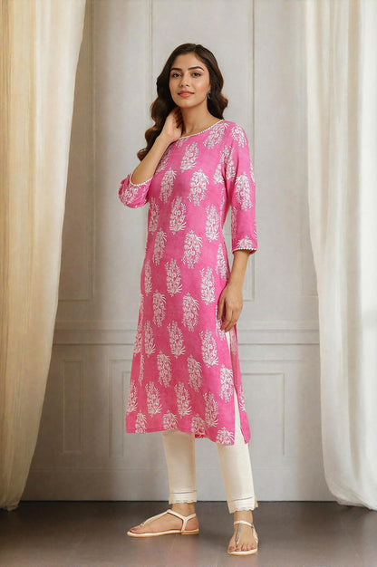 W Pink Floral Printed Rayon Straight Long Kurta for Women