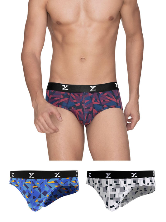 XYXX Mens Modal Slim Geometric Briefs (Pack of 3) (XY_R5_BRF_03_Triad Red + Boxy Grey + Prism Blue