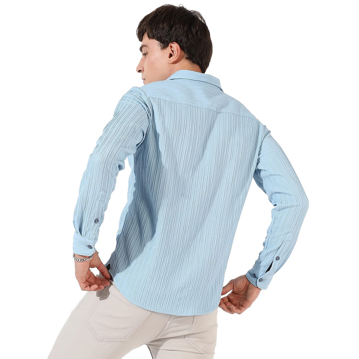 Campus Sutra Mens Light Blue Textured Button Up Spread Collar Shirt for Casual Wear | Regular Fit | Poly Lycra Shirt Crafted wi