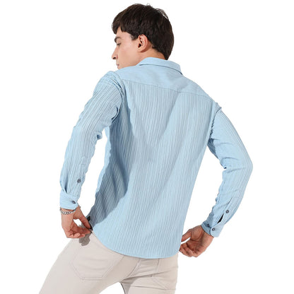 Campus Sutra Mens Light Blue Textured Button Up Spread Collar Shirt for Casual Wear | Regular Fit | Poly Lycra Shirt Crafted wi