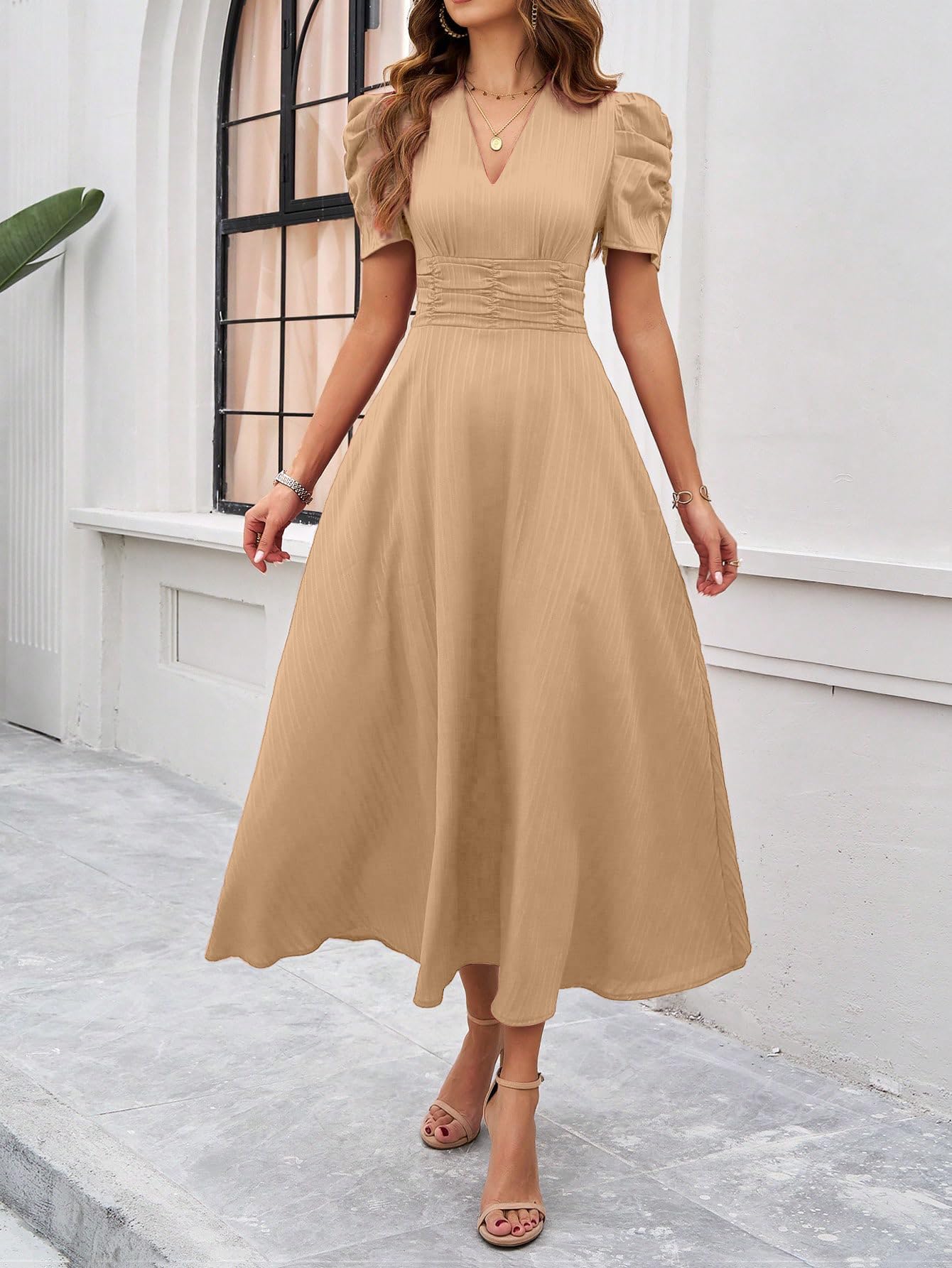 Shasmi Girls & Womens Skin Solid Color V-Neck A-Line Maxi Dress for Women | New Year Party Outfit | Waist Cinched Puff Sleeve