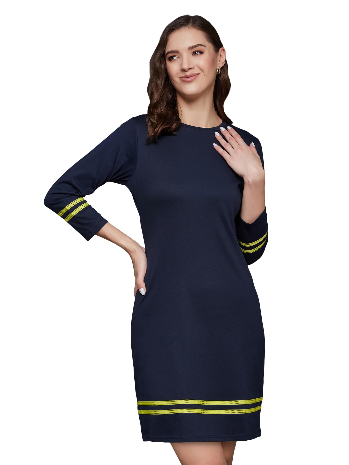 Miss Chase WomenS Bodycon Knee Length Round Neck 3/4 Sleeves Solid Shift Dress (Mcaw23D98-82-71-03, Navy, S)