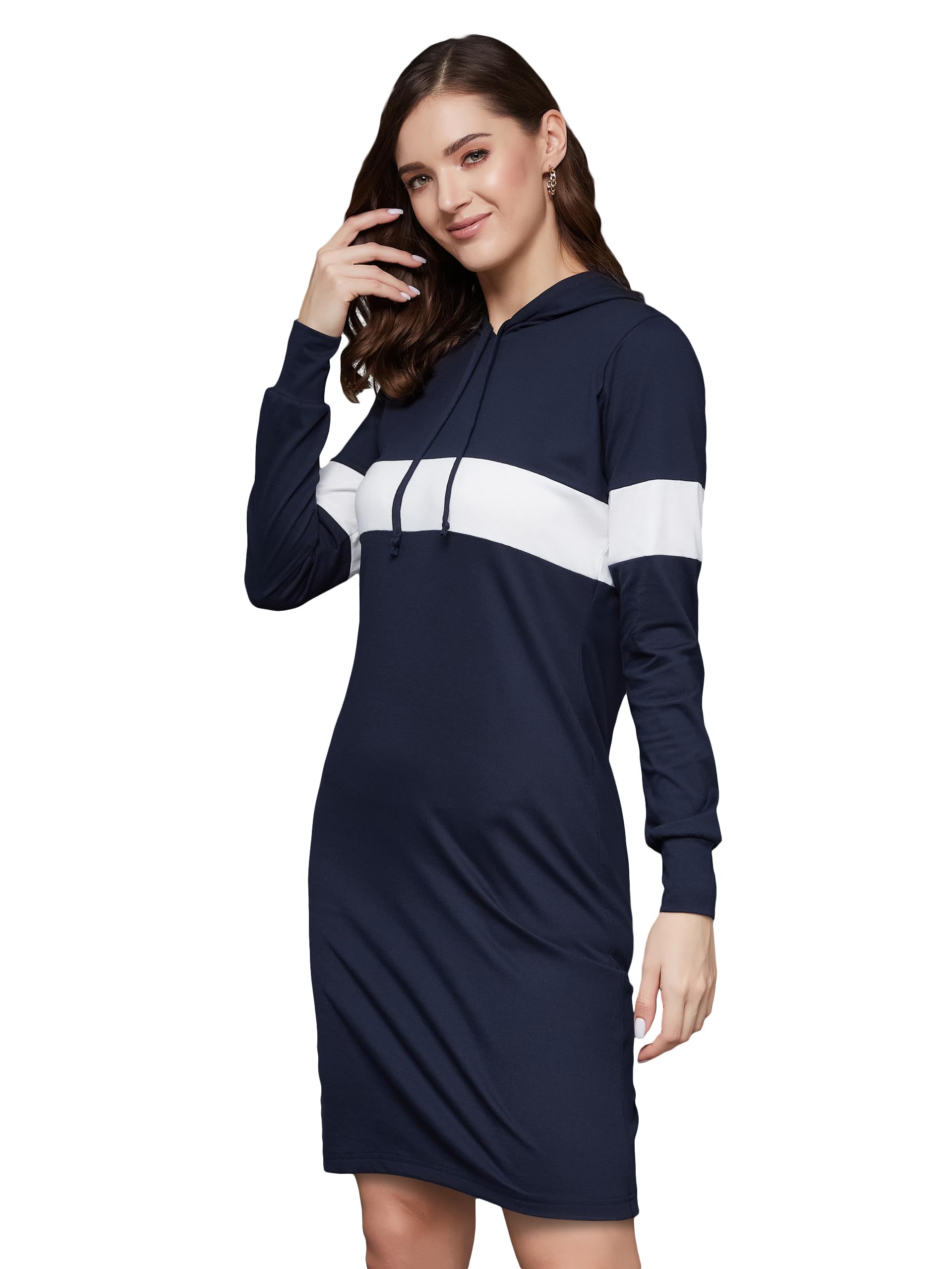 Miss Chase Womens Round Neck Full Sleeve Solid Knee-Long Hooded Dress (Mcaw23D98-79-154-03, Navy Blue And White, S)