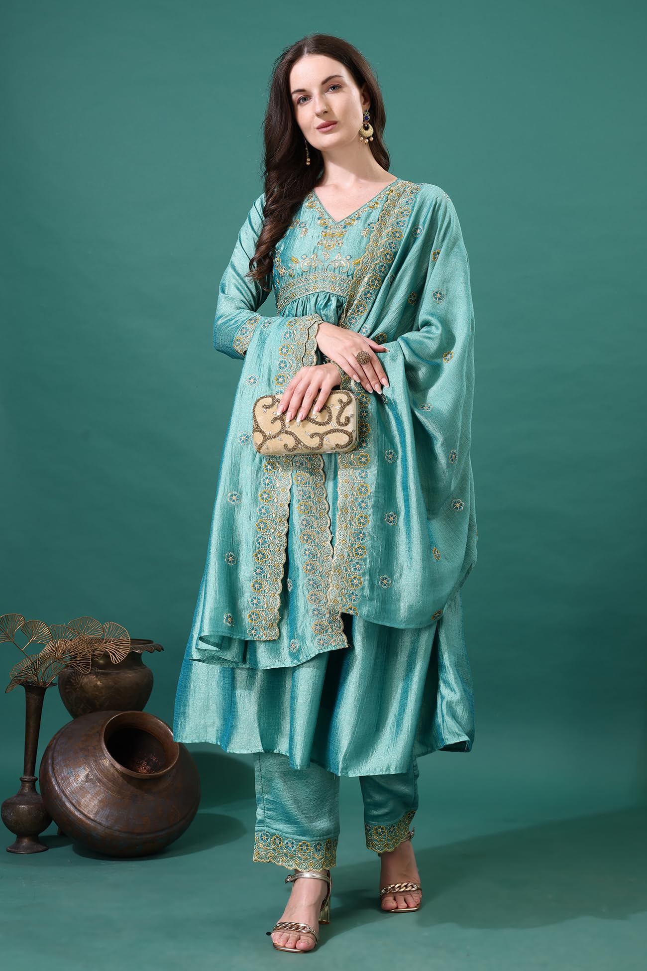 Pratham Blue WomenS Silk Embroidered Anarkali Kurta Palazzos With Dupatta |Kurta Set For Women |Women Kurta |Women Embroidered