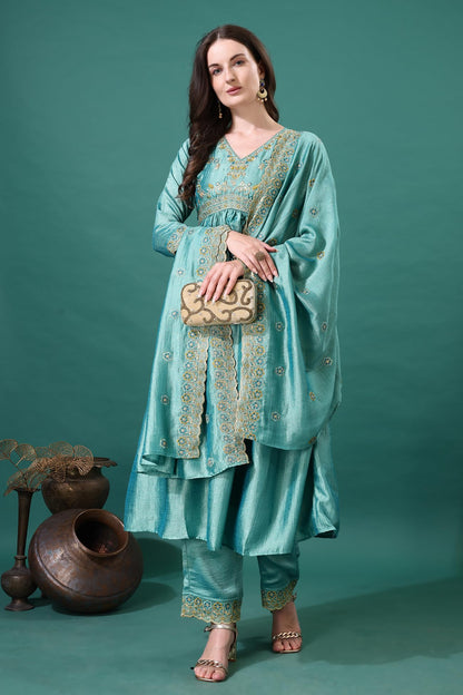 Pratham Blue WomenS Silk Embroidered Anarkali Kurta Palazzos With Dupatta |Kurta Set For Women |Women Kurta |Women Embroidered
