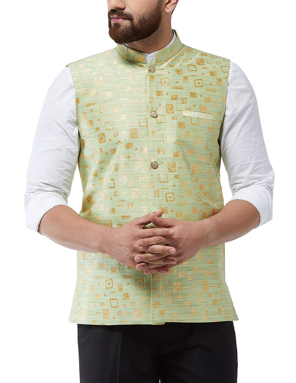 SOJANYA (Since 1958 Men's Jacquard Silk Green Designer Nehru Jacket, Size: 40