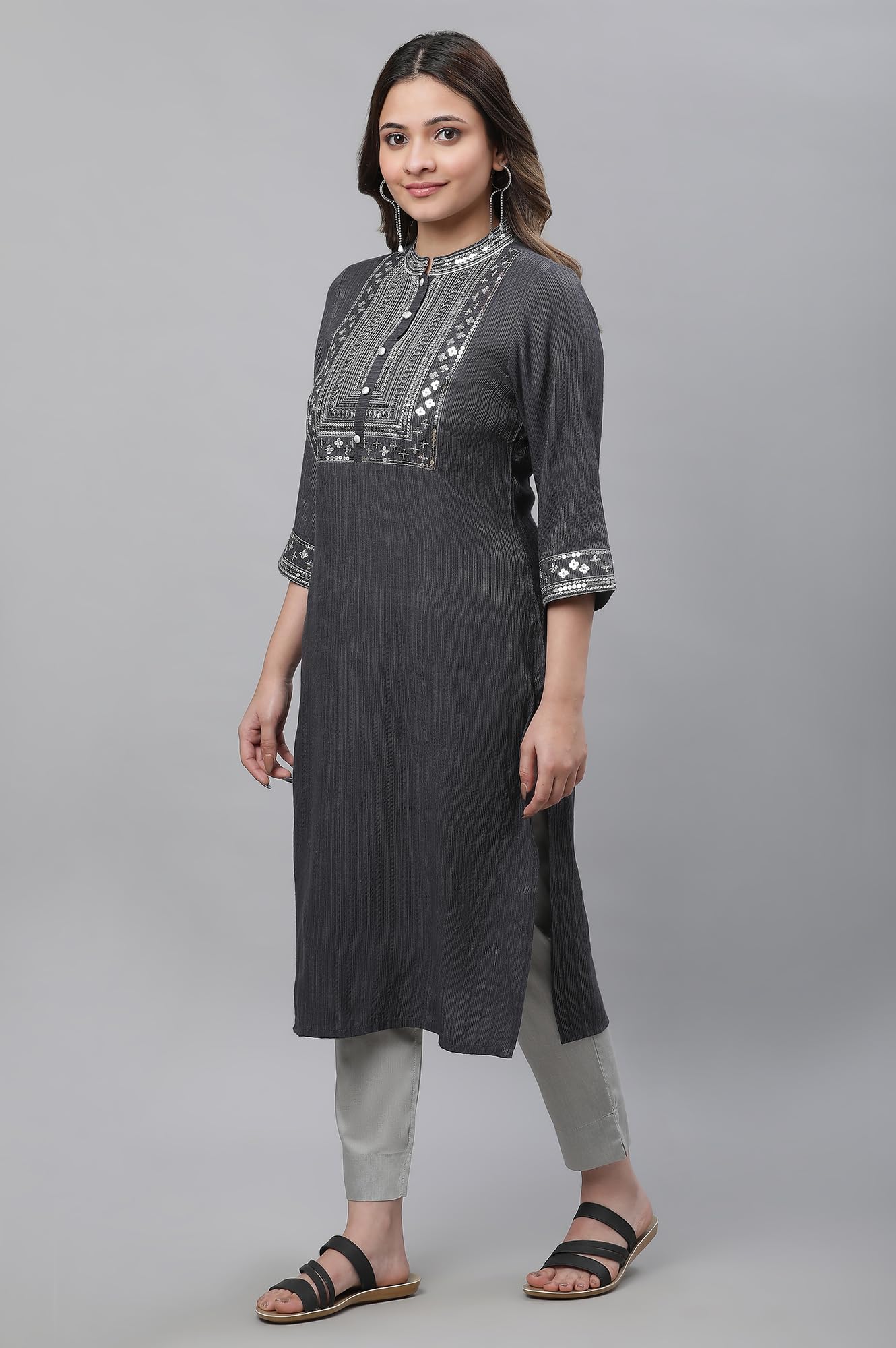 Aurelia WomenS Grey Embellished Lurex Stripes Kurta