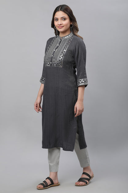 Aurelia WomenS Grey Embellished Lurex Stripes Kurta