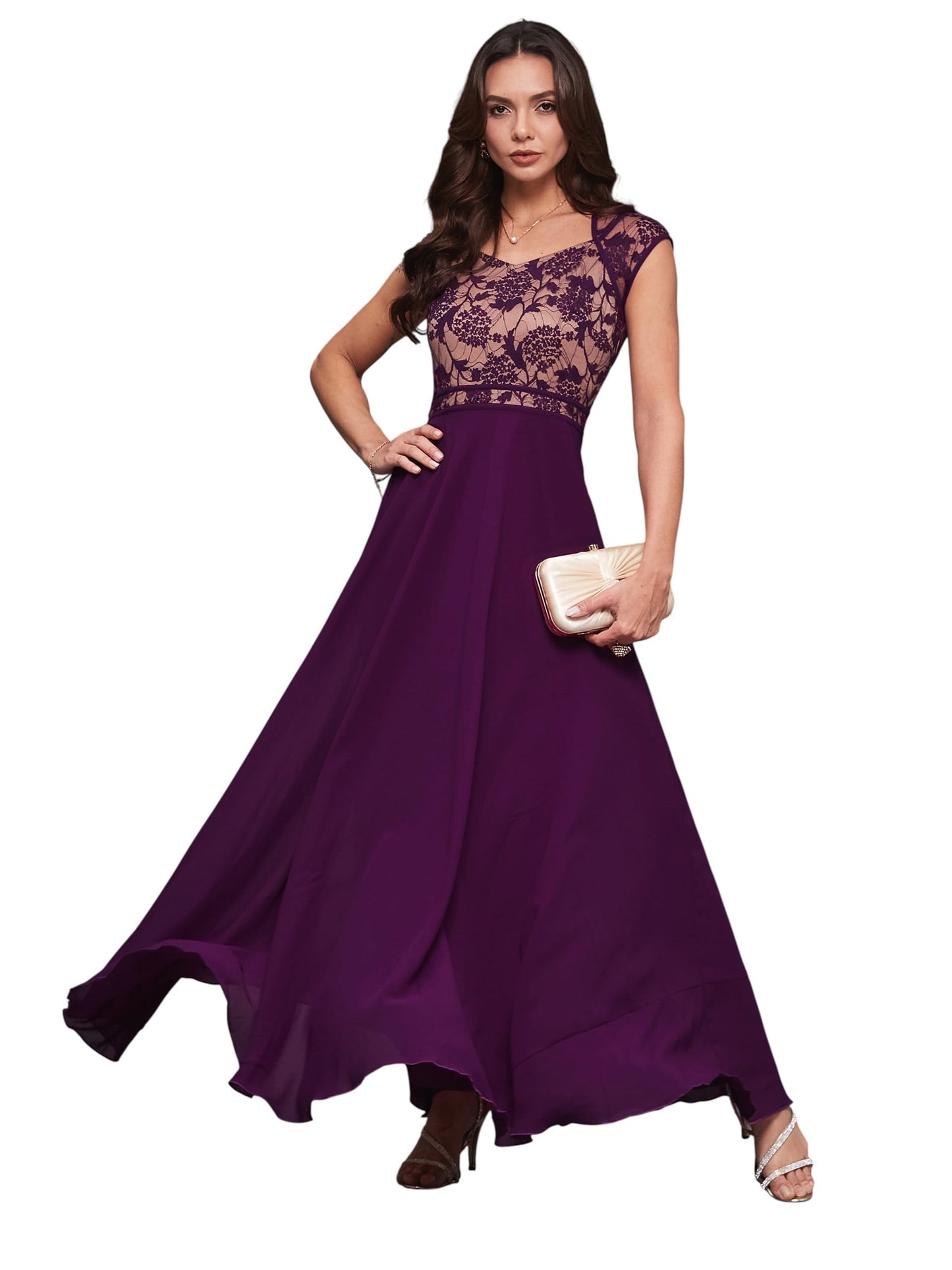 Miss Chase WomenS Sweet-Heart Neck Cap-Sleeve Floral Fitflare Georgette Maxi Dress (Mcss24D97-12-Fgc-03, Damson Purple, S)
