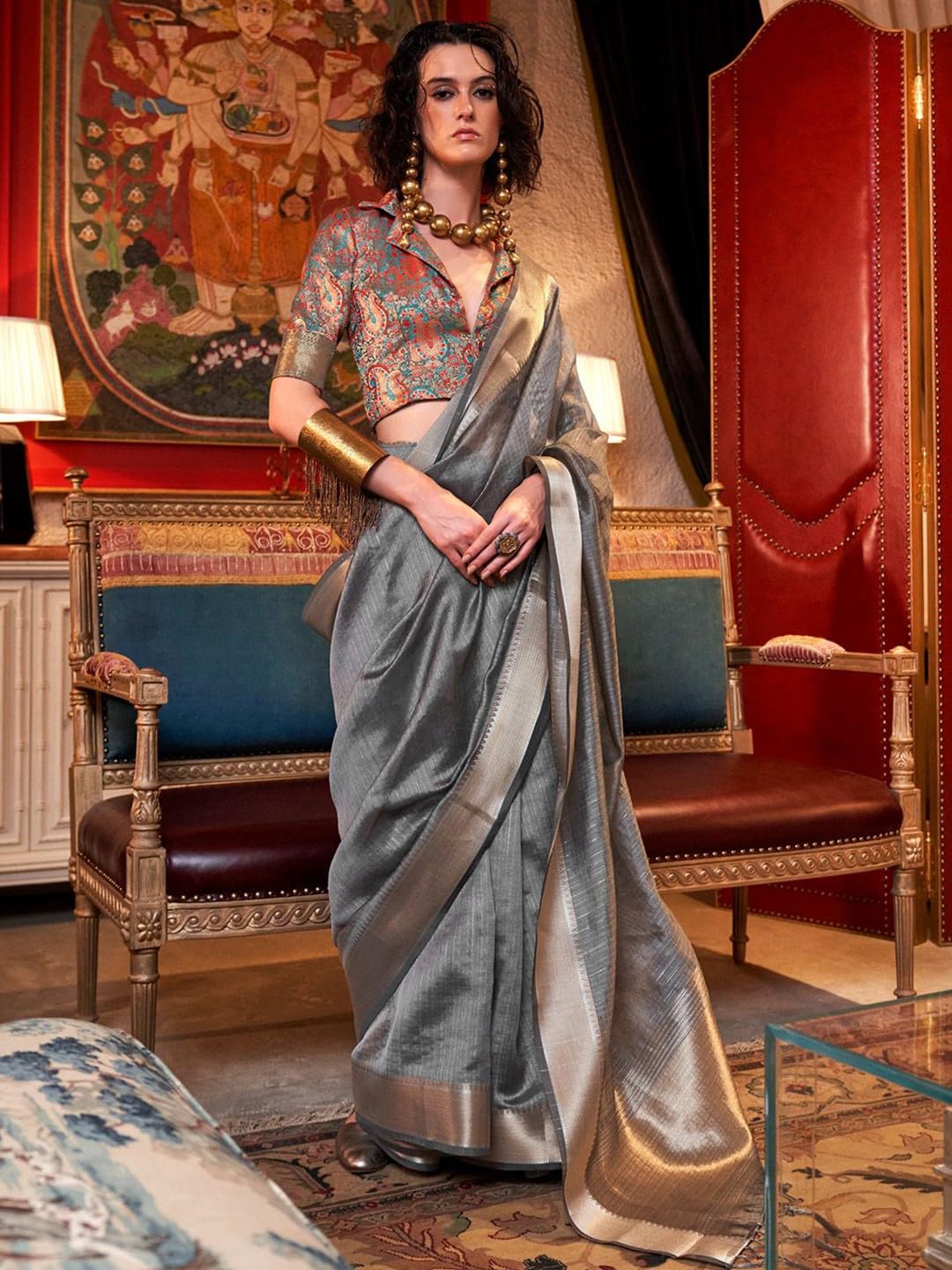 Madhuhansh Womens Soft Linen Saree With Unstitched Multicolor Paisley Blouse Piece Saree With Satin Border Comfortable Skin Frie