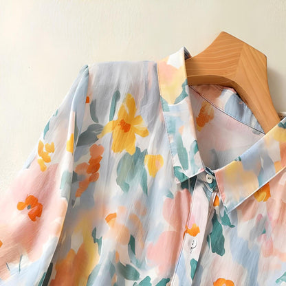 Gufrina WomenS Peach Floral Printed Button-Down Shirt With Collar Neck And Half Sleeves | Lightweight Relaxed Fit Shirt For Cas