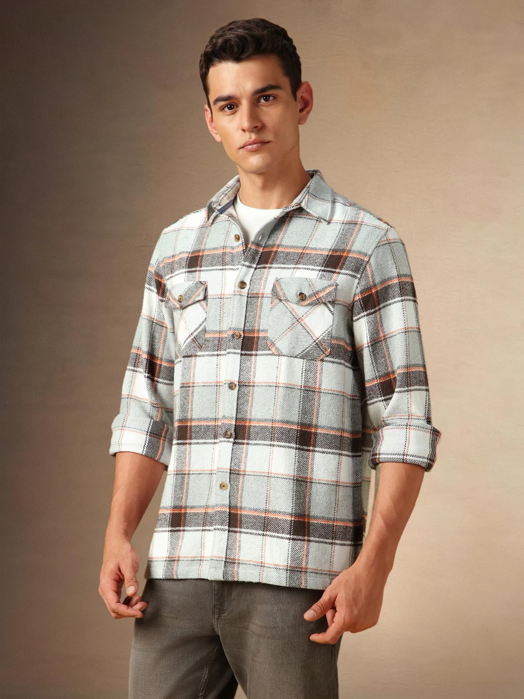 Dennis Lingo Men Flannel Check 100% Cotton Relaxed Fit Full Sleeves Shirts Grey
