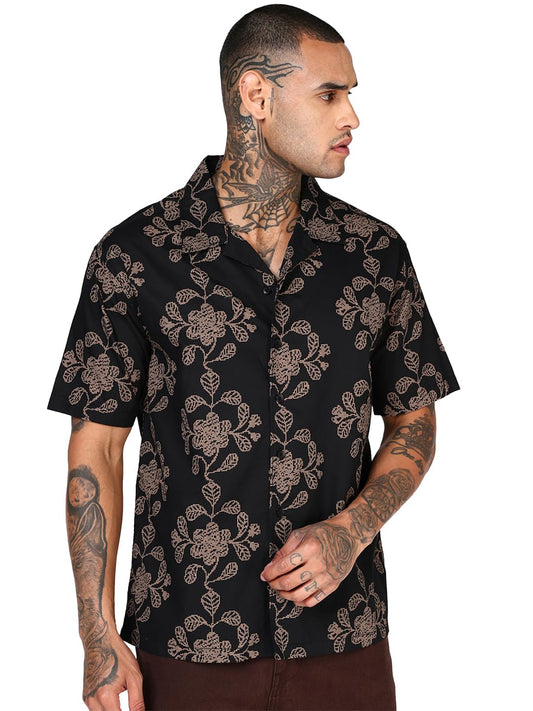 Bewakoof MenS All Over Print Oversized Fit Half Sleeve Resort Collar Cotton Shirt_694525_Black_L