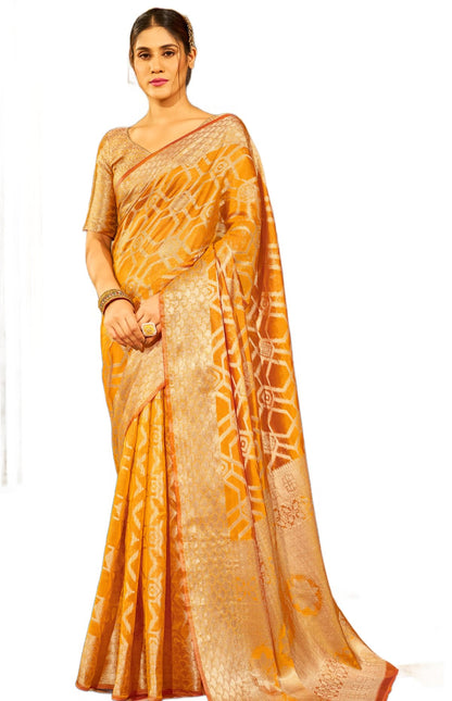 Madhuhansh Womens Organza Plain Saree With Patola Printed Solid Pattern 6 Yard Length And Unstitched Blouse Piece