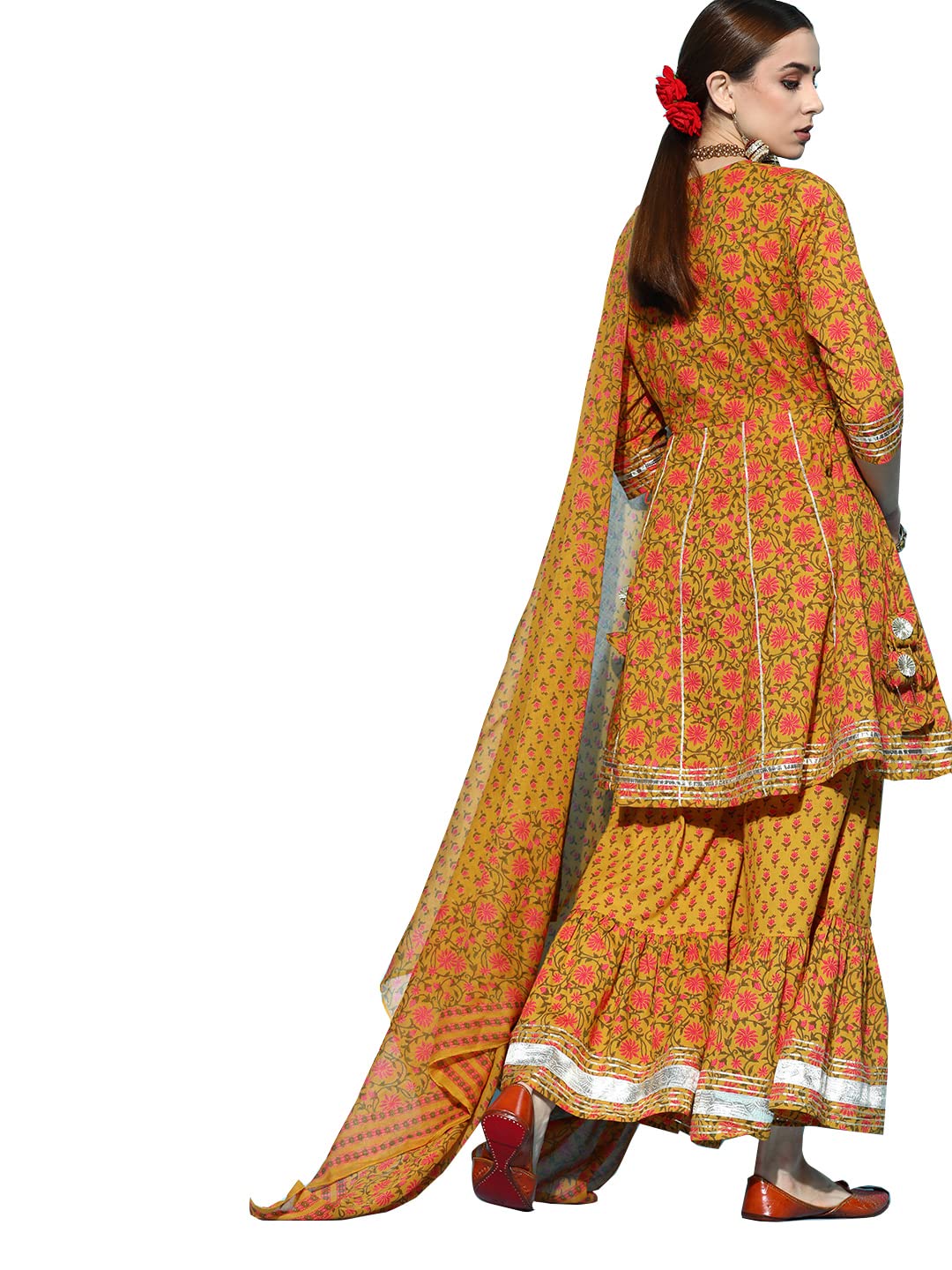 ishin Women's Cotton Blend Embroidered Gotta Patti Mustard Floral Print Anarkali Kurta suit set With Dupatta & Sharara