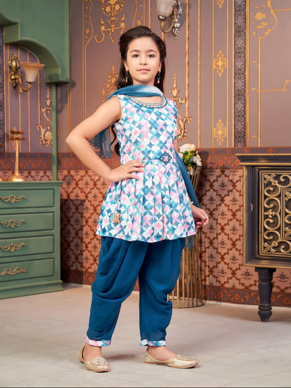 Aarika Girls Ethnic Wear Sea Green Colour Floral Print Beads Embroidery Cotton Blend Dhoti Kurta Set With Dupatta-4-9 Years (Dh-