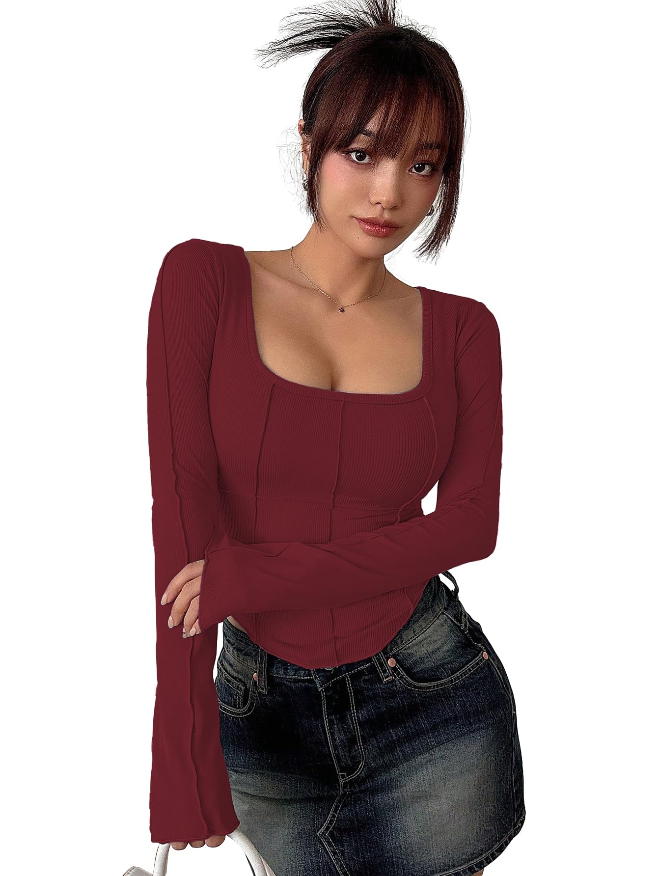 Sugathari Womens Maroon Solid Long Sleeve Wrap-Style Square Split Crew Neck Bodycon Women T-Shirt Spring and Summer, Minimalist