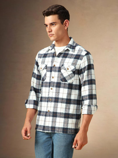 Dennis Lingo Men Flannel Check Pure Cotton Relaxed Fit Full Sleeves Shirts White
