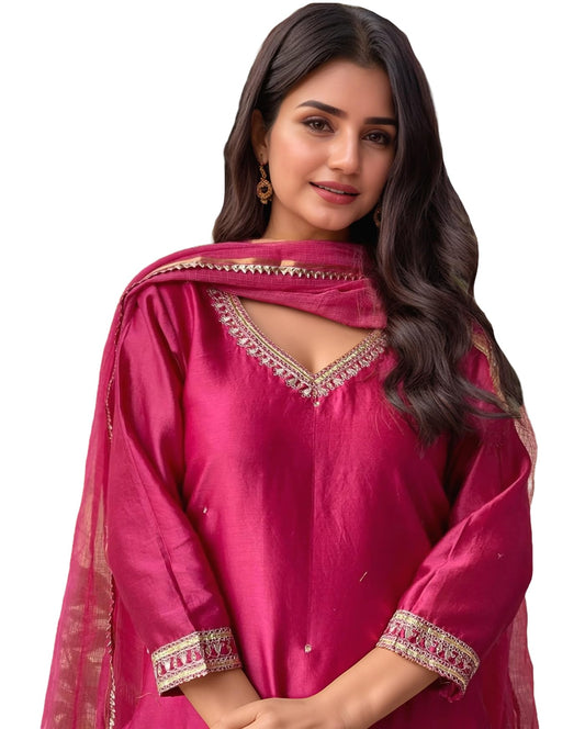 ANNI DESIGNER Women s viscose rayon embroidered straight Kurta with trousers and dupatta, Pink, 44