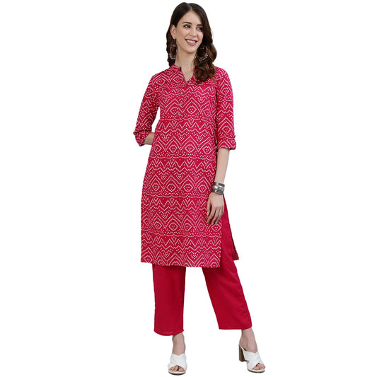 ishin Women's Pure Cotton Pink Printed Straight Kurta suit set with Pant