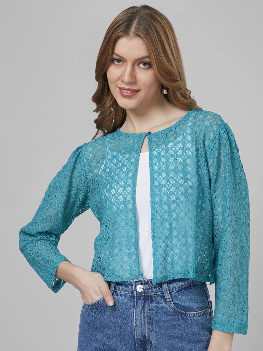 Style Quotient Women Self Design Open Front Cotton Shrug Blue