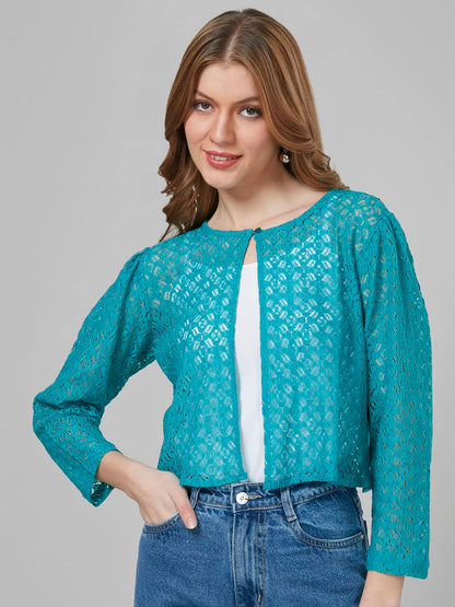 Style Quotient Women Self Design Open Front Cotton Shrug Blue