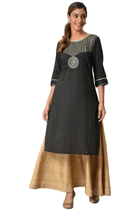 Aurelia Women Black Viscose Blend Geometric Yarn Dyed Straight Kurta
