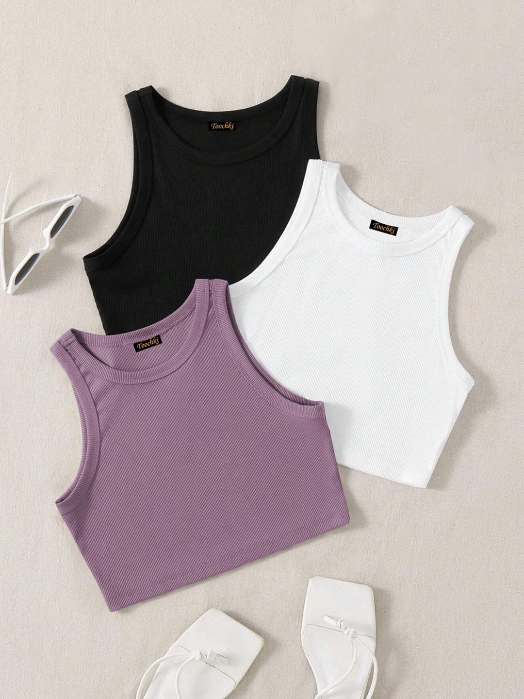 Toochki Tops for Woman | Spandex Top | Crop | Short | Western | for Jeans | Sleeveless | Stretchable | Pack of Three | Black-Whi