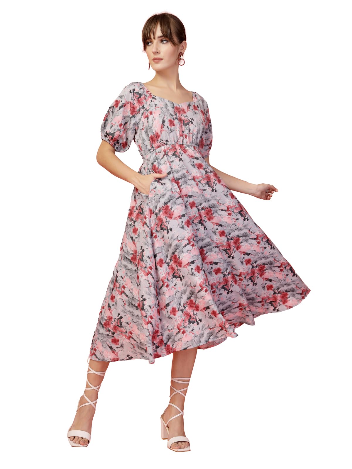 Oomph! Flared Dress For Women Stylish | Long One Piece For Women | Puff Sleeve Long Dress | Floral Print Maxi One Piece | Wester