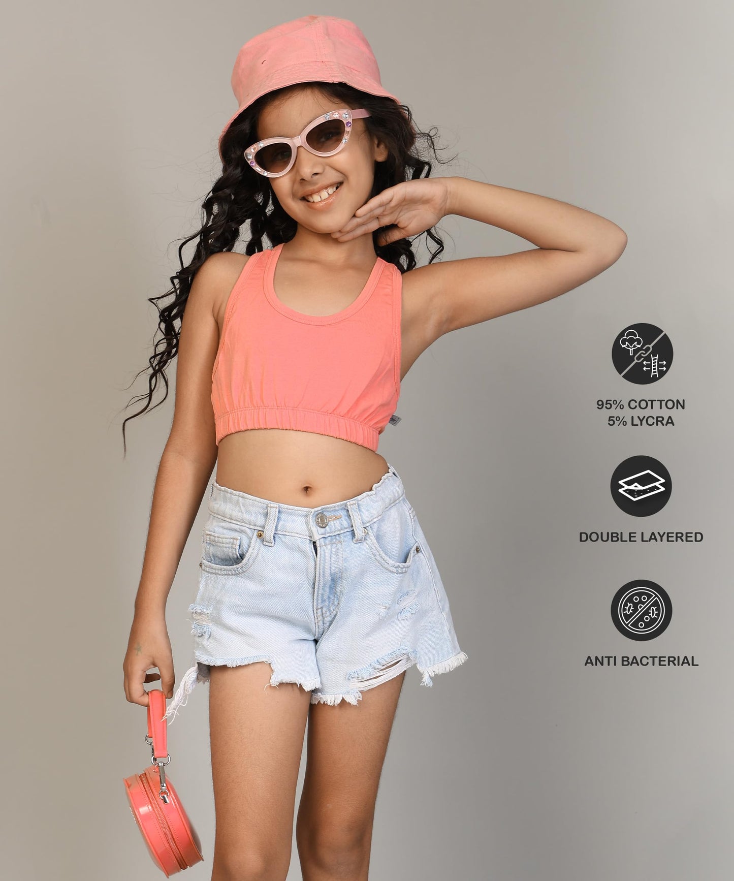 Kyda Kids Girls Antibacterial Cotton Sports Bra Training Bras, Non Padded, Chest Double Layered Wireless Light Padded Bra