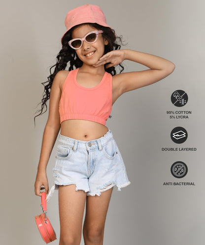 Kyda Kids Girls Antibacterial Cotton Sports Bra Training Bras, Non Padded, Chest Double Layered Wireless Light Padded Bra
