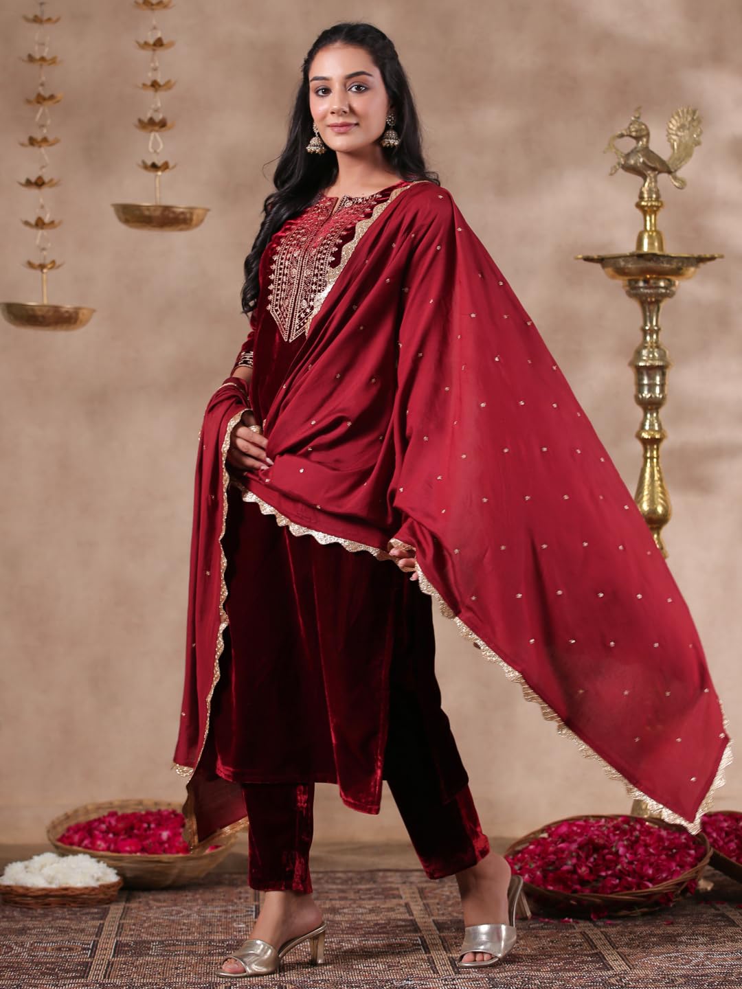 Ishin WomenS Velvet Yoke Design Zari Maroon Straight Kurta Suit Set With Trousers & Dupatta