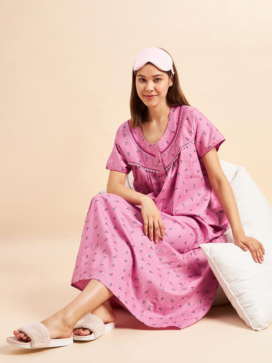 Sweet Dreams Women Printed Night Dress Rose