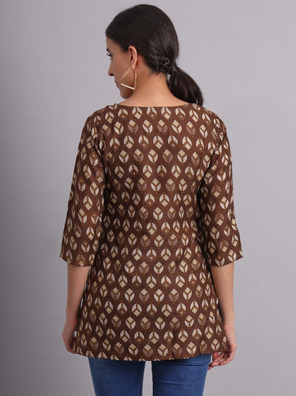 Patlani WomenS Cotton Printed Short Fullstitched Kurti/Kurtas. Coffee