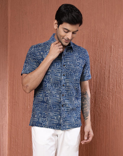 Fabindia MenS Printed Straight Fit Shirt (1038598Blue_Blue