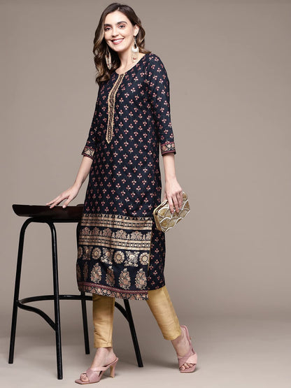 anubhutee Women's Navy Blue Ethnic Printed Kurta