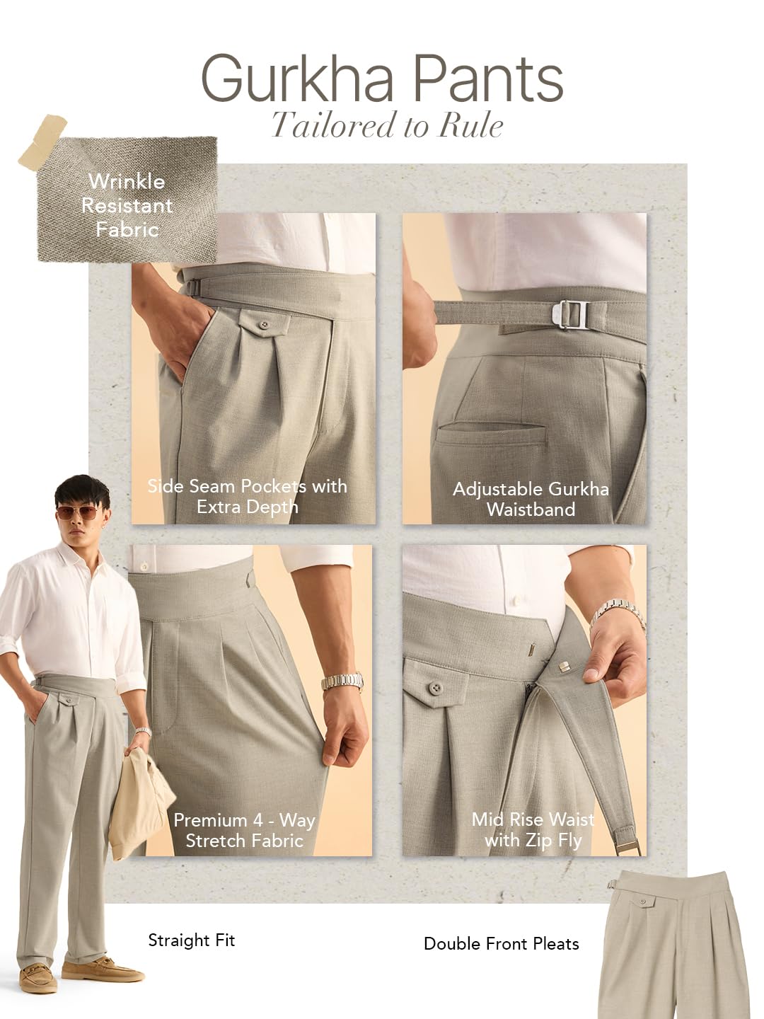 The Souled Store: Gurkha Pants Men and Boys Solid Polyester Blend Straight Fit Adjustable Waistband 4-Way Stretch Wrinkle Resist