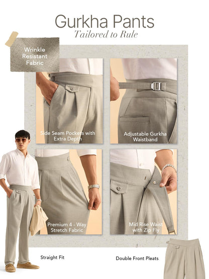 The Souled Store: Gurkha Pants Men and Boys Solid Polyester Blend Straight Fit Adjustable Waistband 4-Way Stretch Wrinkle Resist