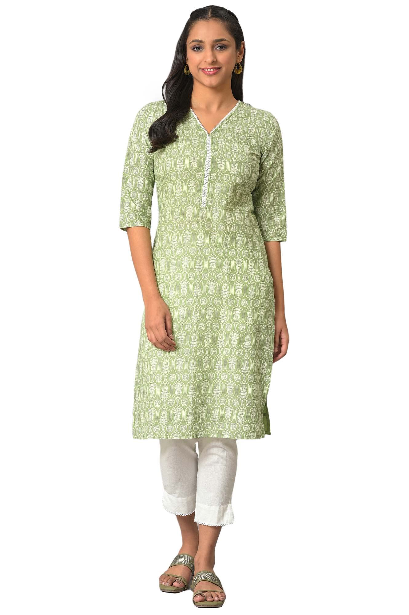 Aurelia WomenS Floral Printed Printed Regular Green Cotton Kurta