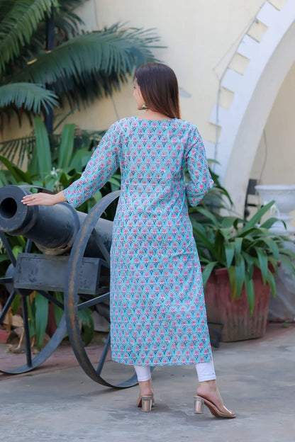 ANNI DESIGNER Women's Cotton Blend Traditional Straight Printed Kurta (Shabar Blue)