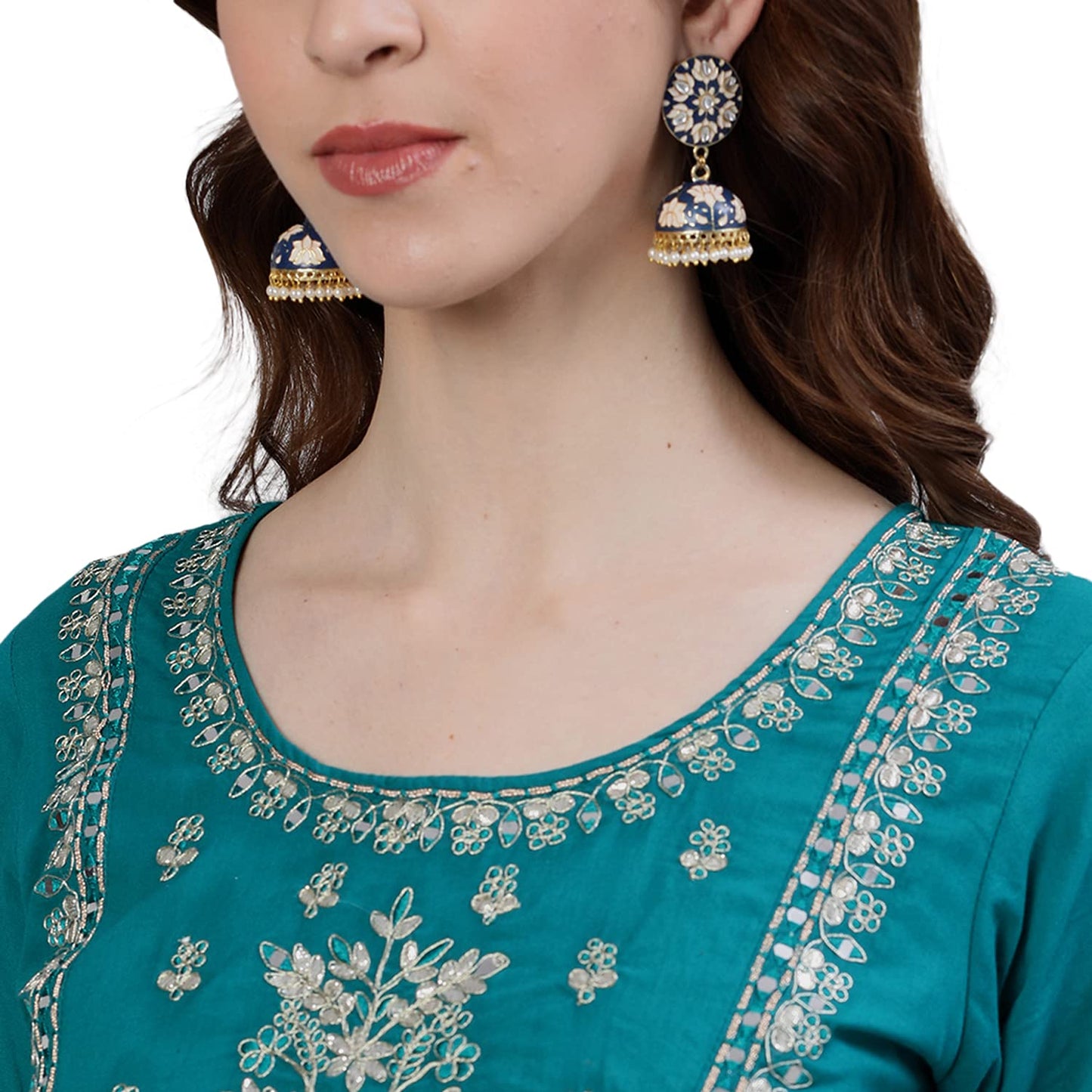 ishin Women's Cotton Anarkali Embellished Zari Embellished Print Teal Kurti