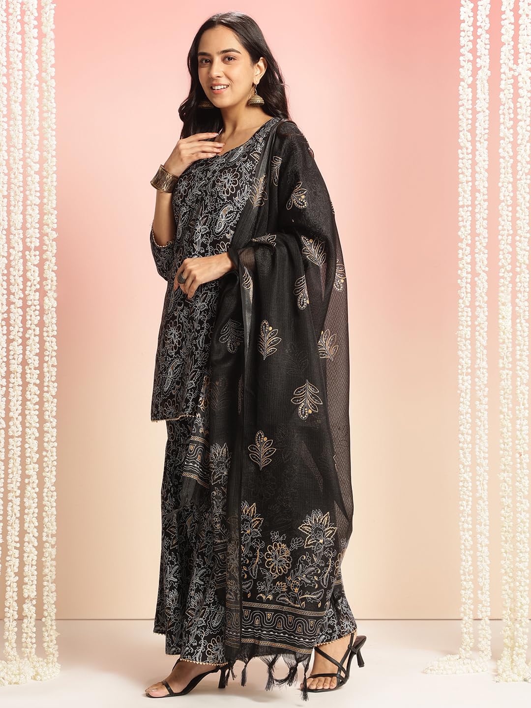 ANNI DESIGNER Women's Rayon Viscose Straight Printed Kurta with Sharara & Dupatta