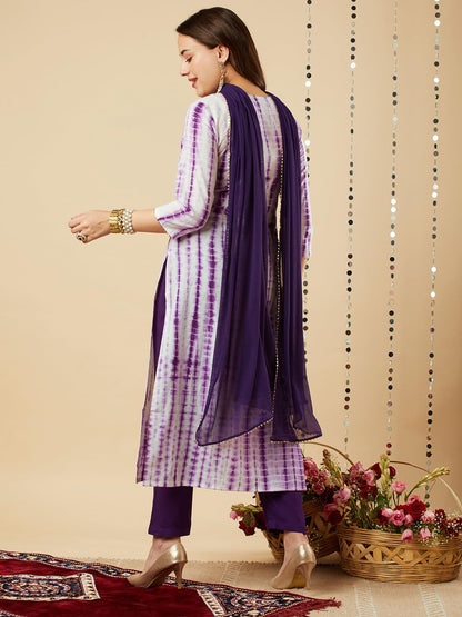 Gosriki Women'S Rayon Viscose Printed Straight Kurta With Pant & Dupatta (Tiedye Begani-Vks01-Gs_5Xl_Violet_Xxxxx-Large)