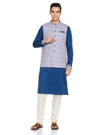 Manyavar Blue Cotton Printed Celebration Kurta Jacket Set With Mandarin Collar