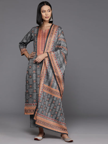 Varanga Women Grey Woolen Ethnic Motif Printed Straight Kurta Paired with Tonal Bottom and Dupatta - Cozy and Elegant Winter Wear